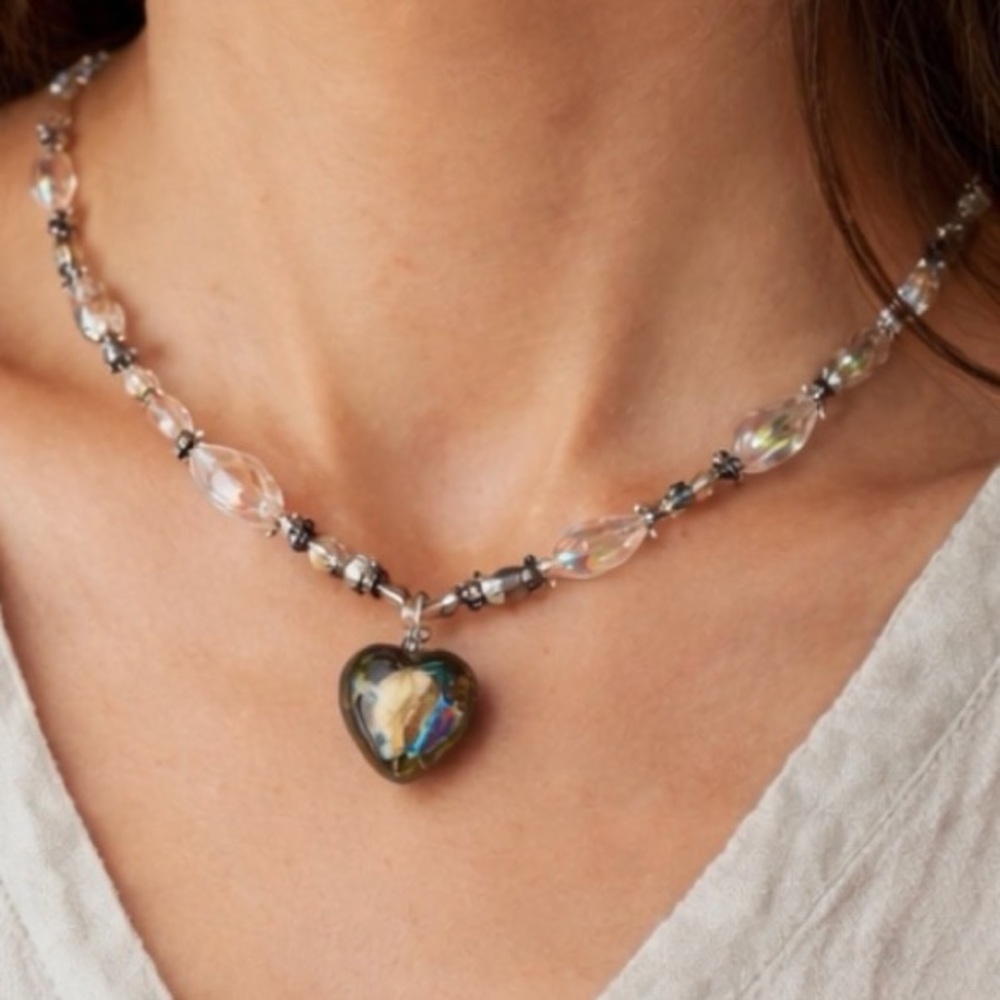 Vintage Murano Glass Heart Necklace AB Crystal Beaded Artisan